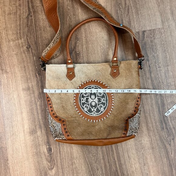 Myra Bag Brown Cow Hide Leather Turquoise Boho Western Large Crossbody Tote - Picture 9 of 14